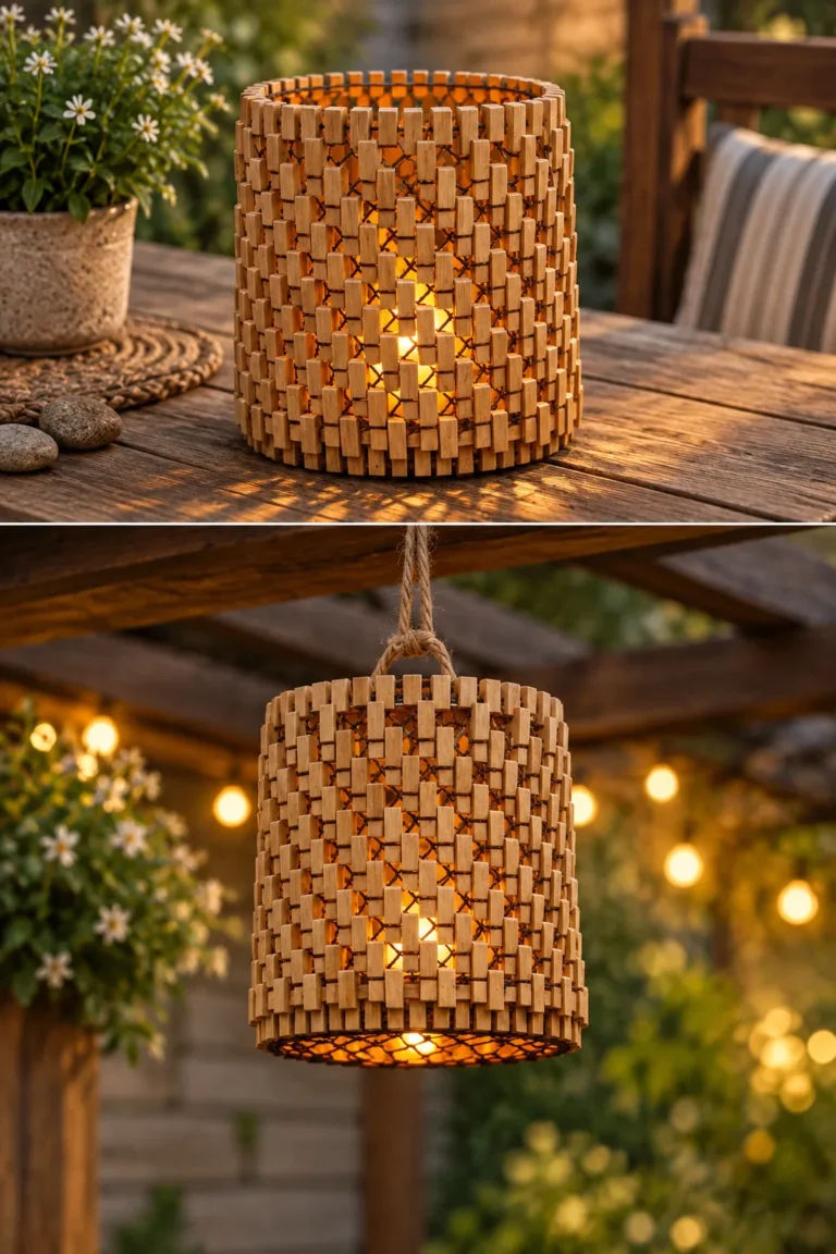 Finished rustic wooden clothespin lantern for patio decor