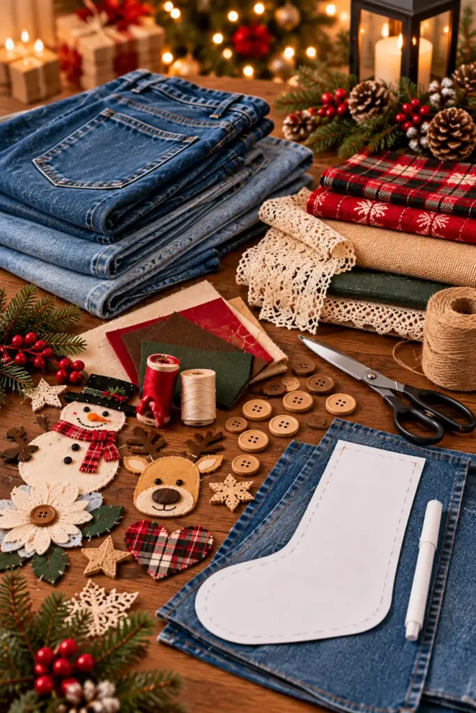Supplies for DIY denim Christmas stockings with old jeans, stocking template, plaid fabric, lace, felt, buttons, thread, and scissors.