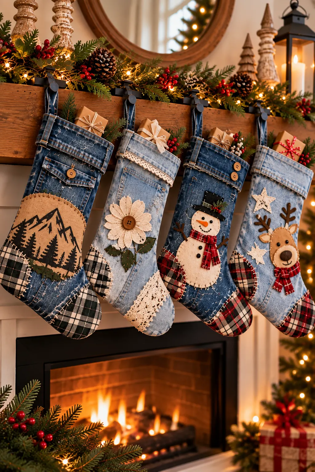Four personalized DIY denim Christmas stockings made from blue jeans and decorated with plaid fabric, lace, buttons, greenery, and Christmas patches featuring mountains, a flower, a snowman, and a reindeer, hanging from a rustic decorated fireplace mantel.