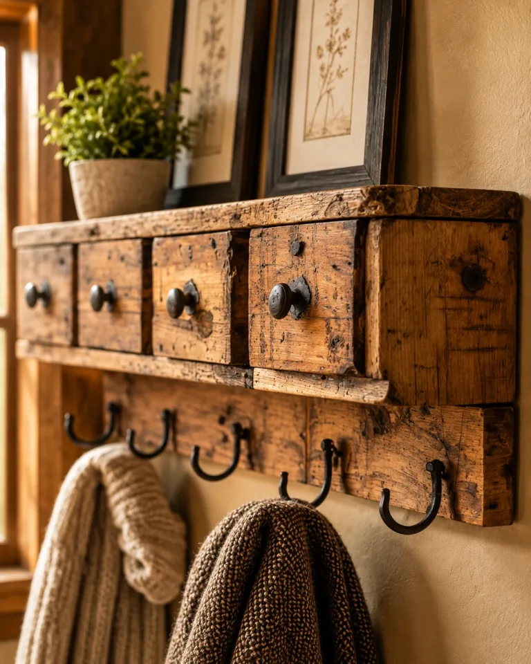 Old wooden drawer fronts mounted sideways on a wall with decorative hooks