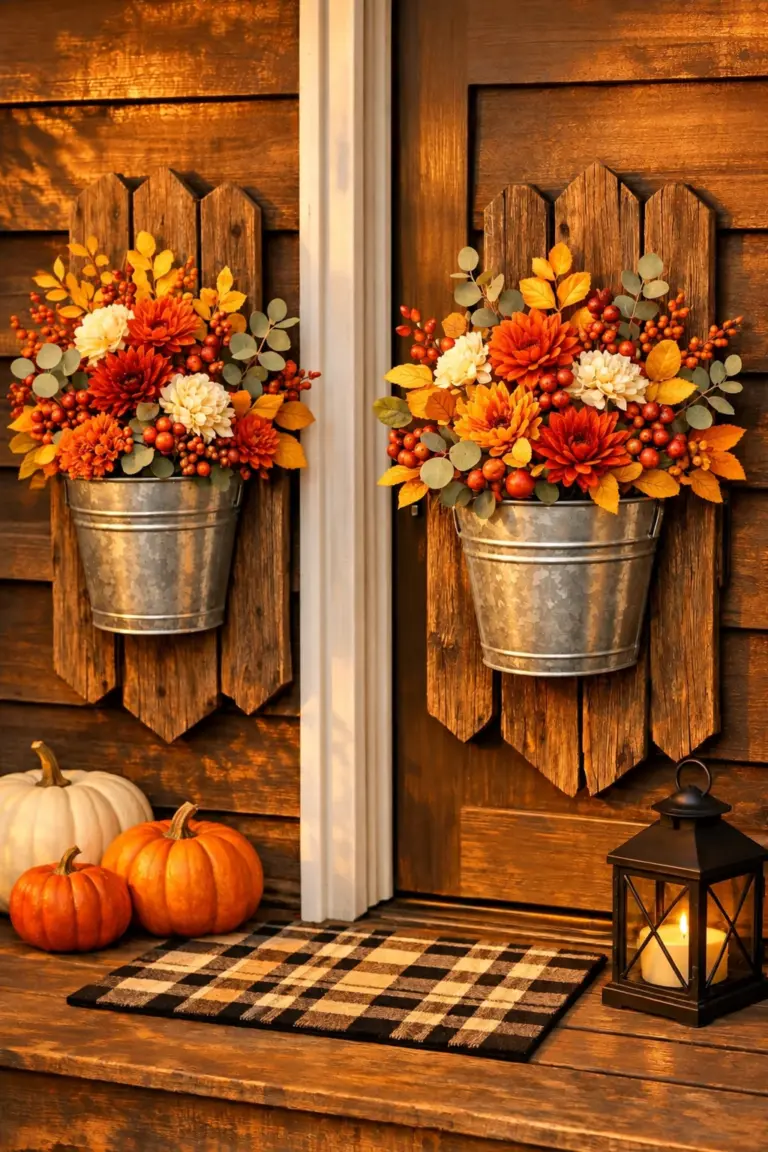 Materials for a DIY fall porch planter with tin buckets and wooden fence pickets