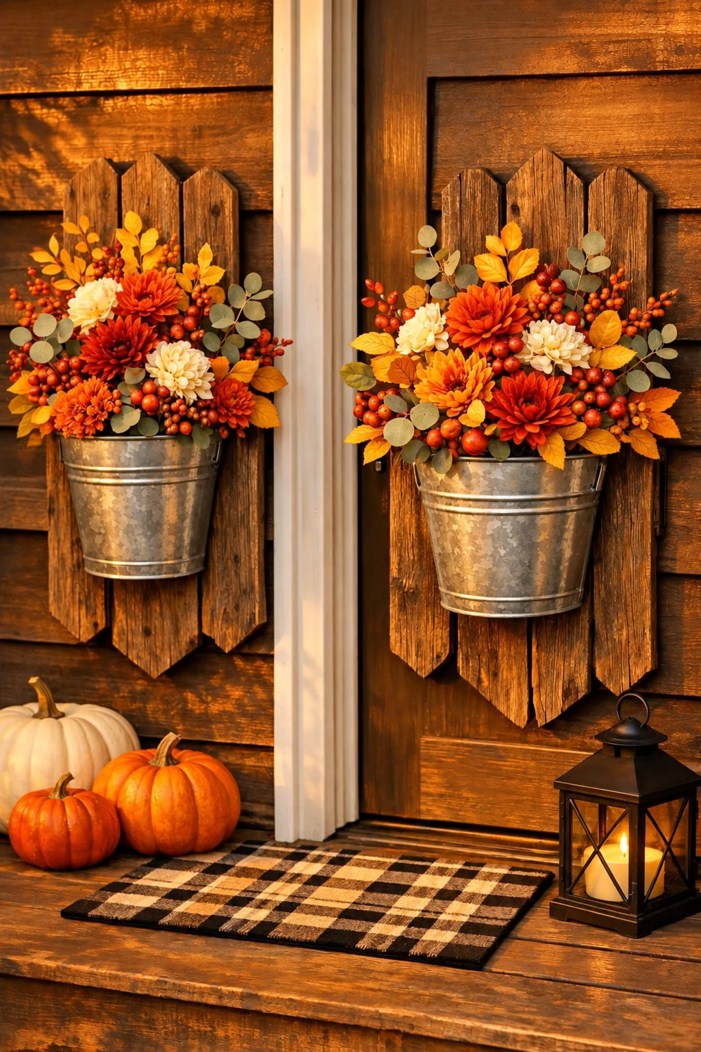 Materials for a DIY fall porch planter with tin buckets and wooden fence pickets