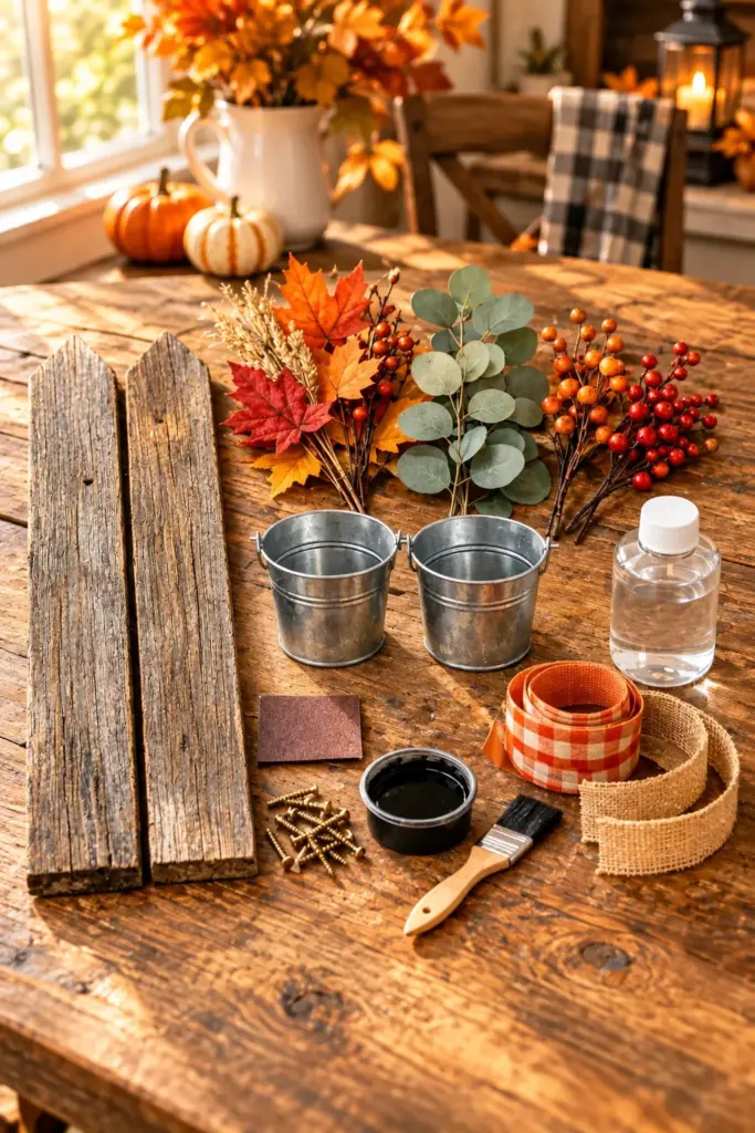 Materials for a DIY fall porch planter with tin buckets and wooden fence pickets