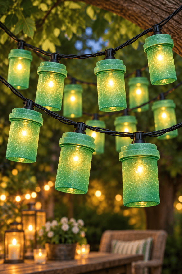 DIY faux seaglass string lights made from green-painted pill bottles