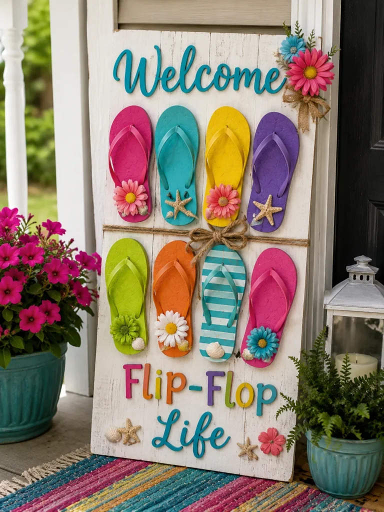 Colorful DIY flip-flop welcome sign on a summer front porch