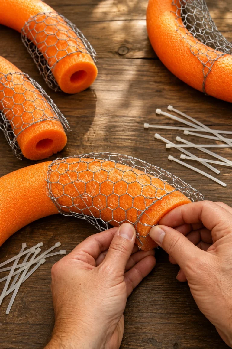 DIY floating pond planter rings made with pool noodles, mesh, and colorful aquatic plants