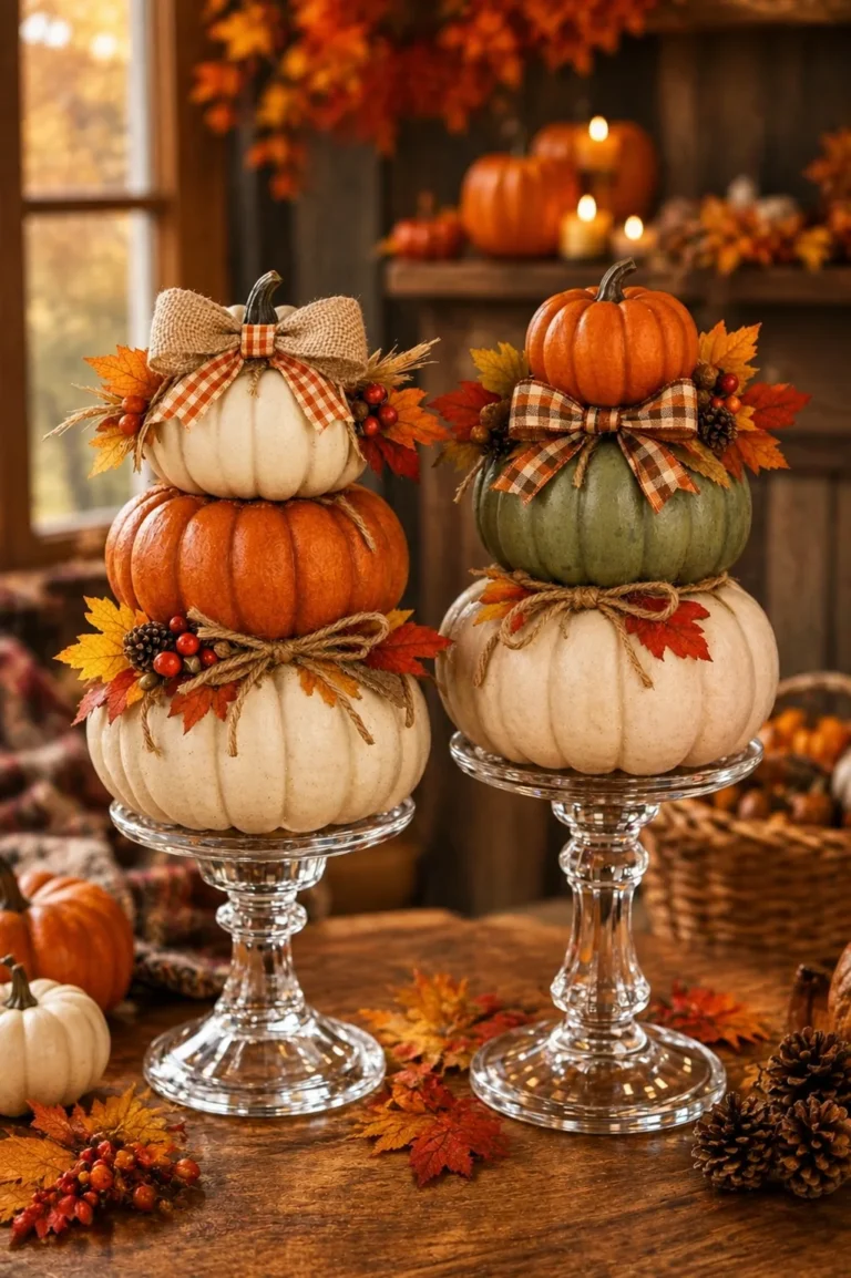 DIY foam pumpkin candlestick topiary made with stacked fall pumpkins and a thrifted glass pedestal