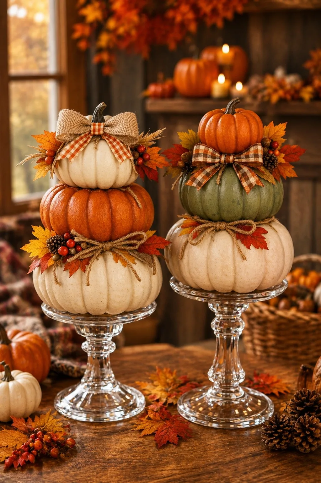 DIY foam pumpkin candlestick topiary made with stacked fall pumpkins and a thrifted glass pedestal