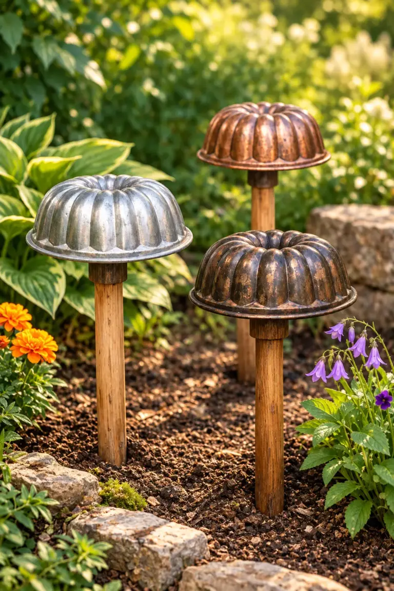 Bundt pan garden mushrooms, DIY mushroom garden decor, thrifted garden decor, garden mushroom craft, upcycled garden art, whimsical garden decor, backyard garden ideas