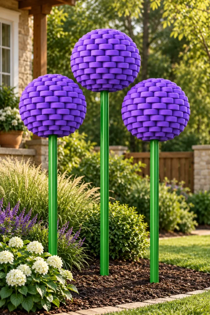 DIY giant spring allium flowers made from purple pool noodles and green PVC pipes in a colorful garden