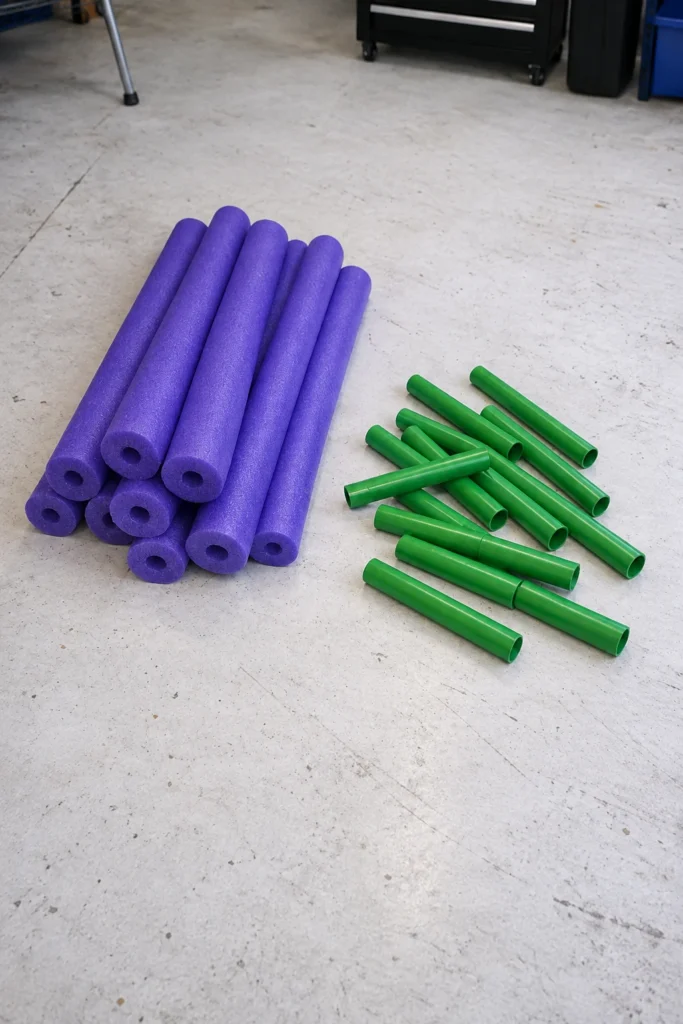 DIY giant spring allium flowers made from purple pool noodles and green PVC pipes in a colorful garden