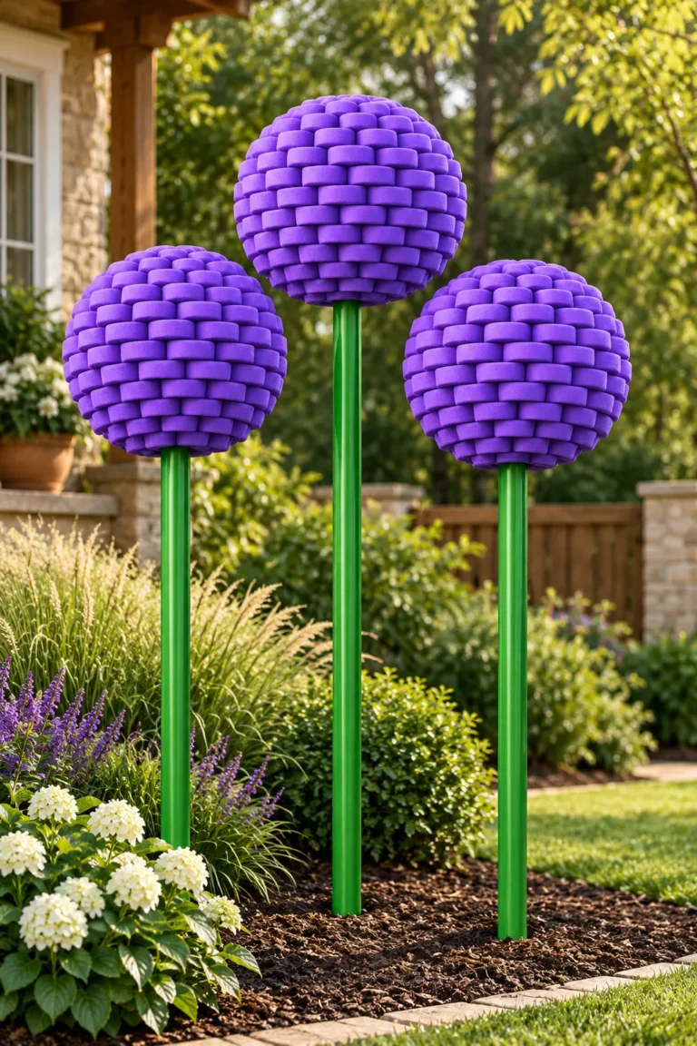 DIY giant spring allium flowers made from purple pool noodles and green PVC pipes in a colorful garden