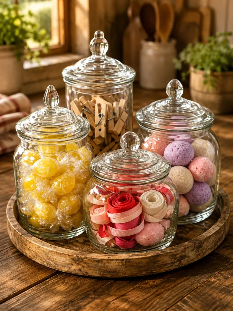 Repurposed glass mayo jars with painted vintage-style lids and decorative cabinet knobs displayed on a wooden tray