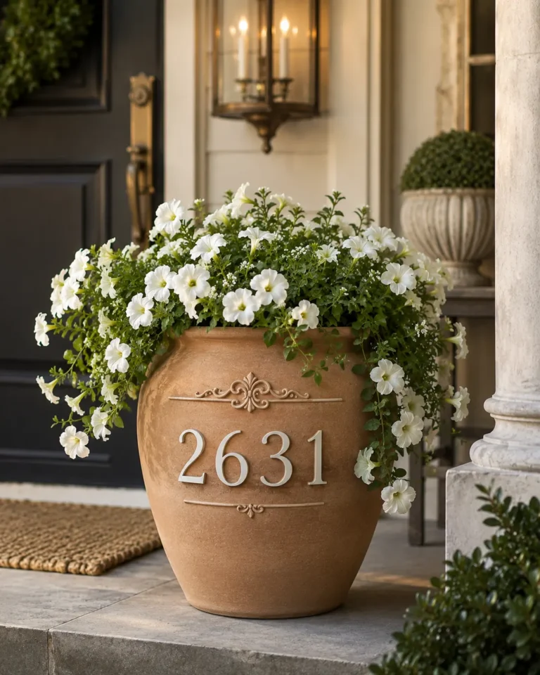 DIY house number flower pot made from a large terracotta planter with painted address numbers and colorful flowers