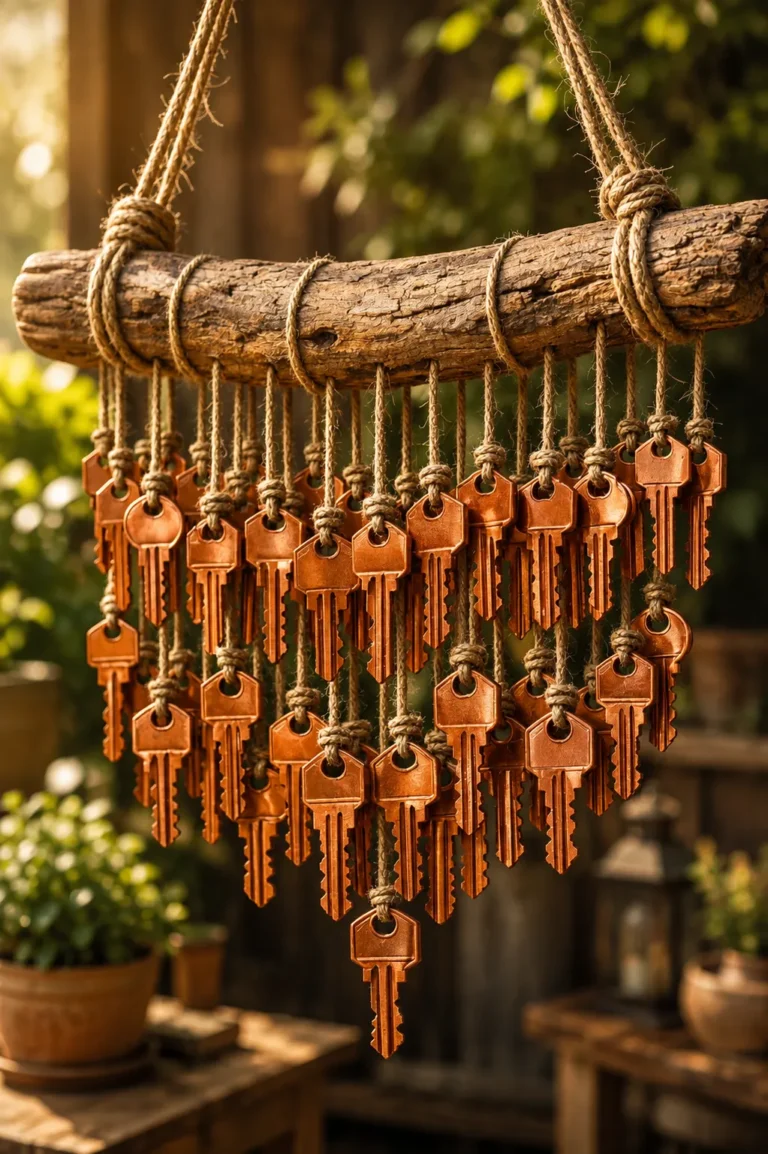 DIY old key wind chime made with copper-painted house keys hanging from a rustic wooden branch