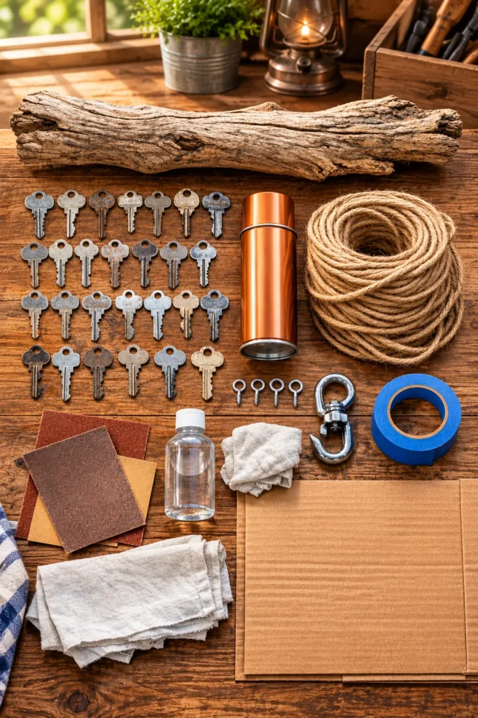 DIY old key wind chime made with copper-painted house keys hanging from a rustic wooden branch
