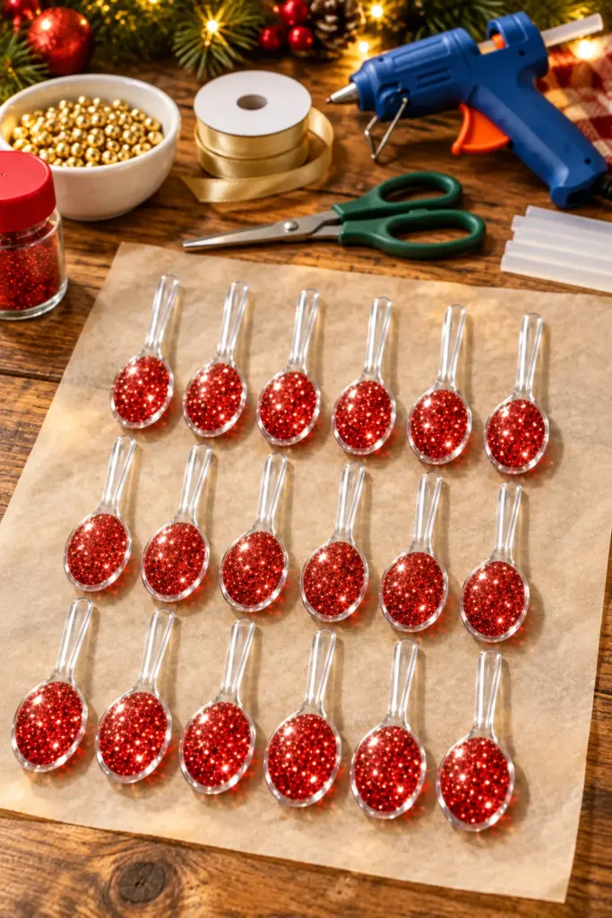 DIY plastic spoon poinsettia ornament with red glitter and gold beads