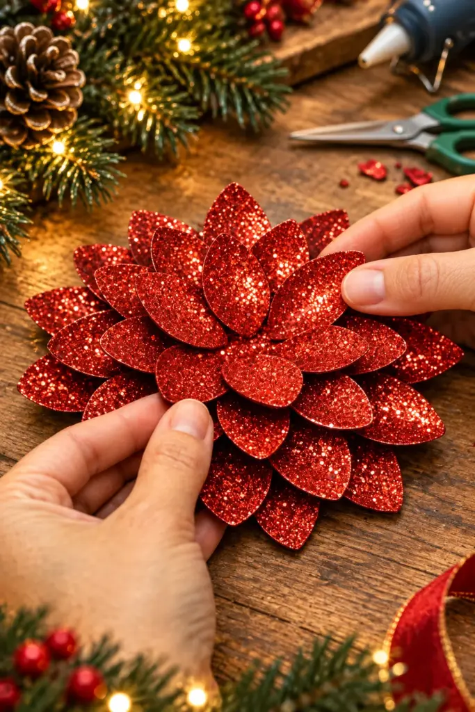 DIY plastic spoon poinsettia ornament with red glitter and gold beads