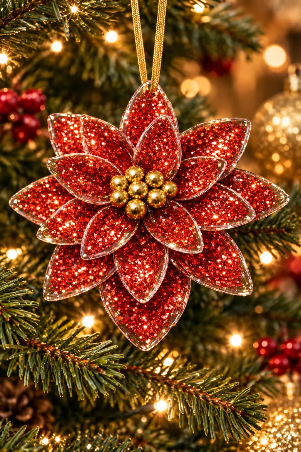 DIY plastic spoon poinsettia ornament with red glitter and gold beads