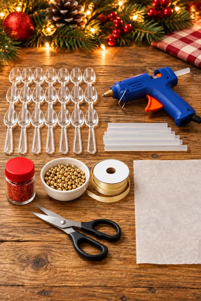 DIY plastic spoon poinsettia ornament with red glitter and gold beads