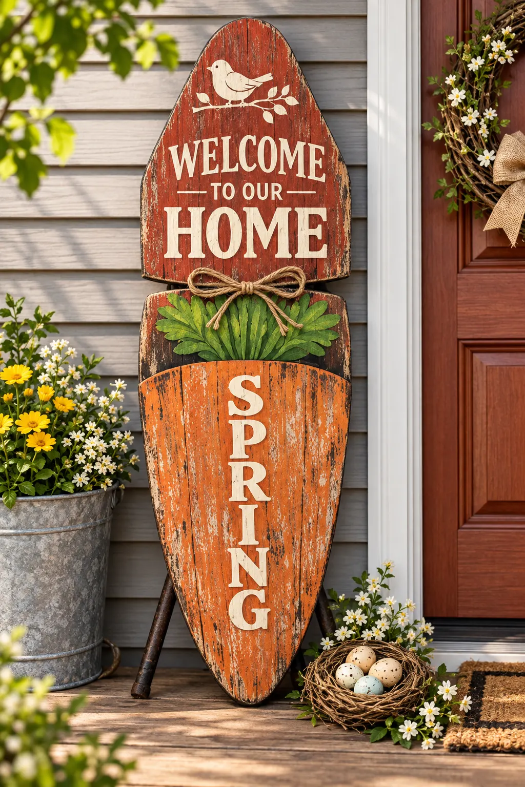 DIY porch sign made from a painted old ironing board