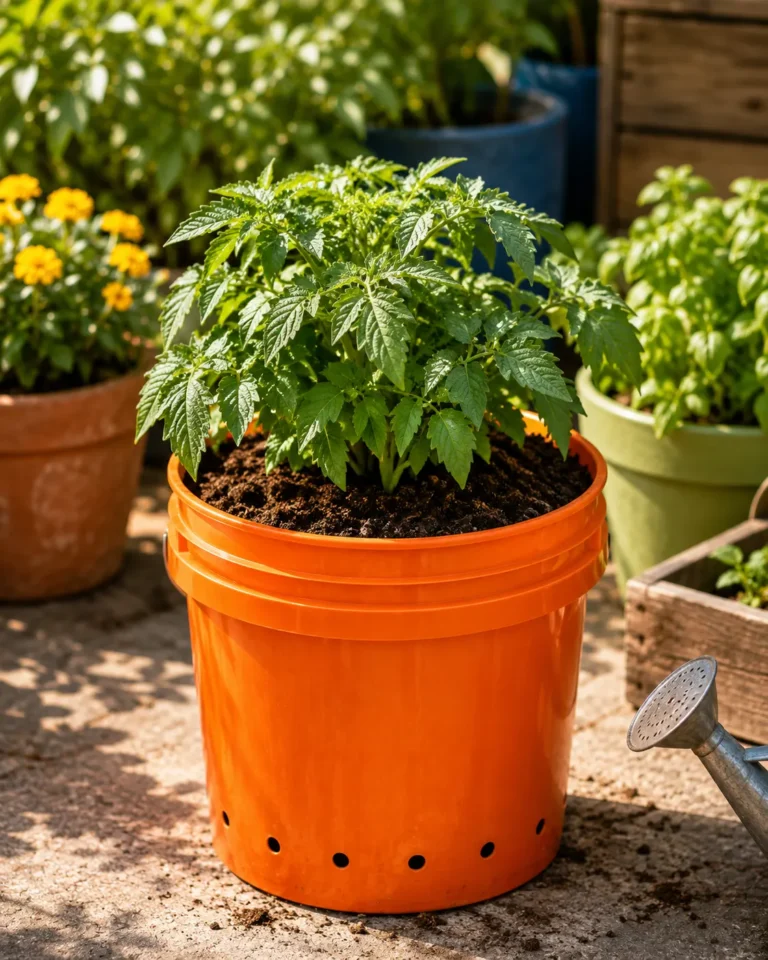 DIY self-watering tomato planter made from a 5-gallon bucket with a water reservoir and tomato cage