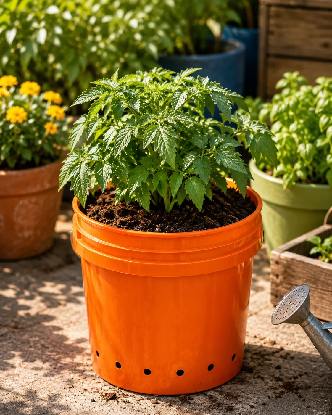 DIY self-watering tomato planter made from a 5-gallon bucket with a water reservoir and tomato cage