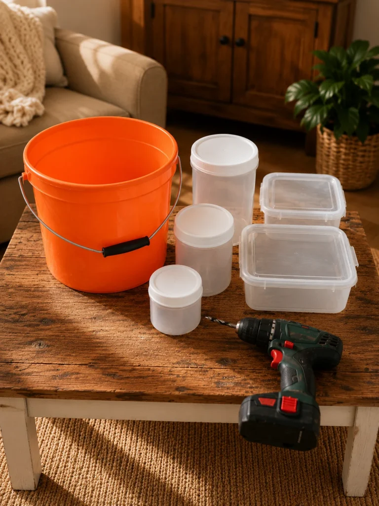 DIY self-watering tomato planter made from a 5-gallon bucket with a water reservoir and tomato cage