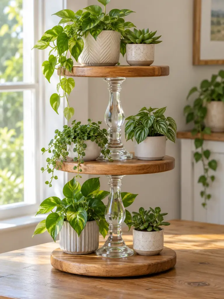 Three-tier plant stand made from wooden boards and clear glass candlestick holders