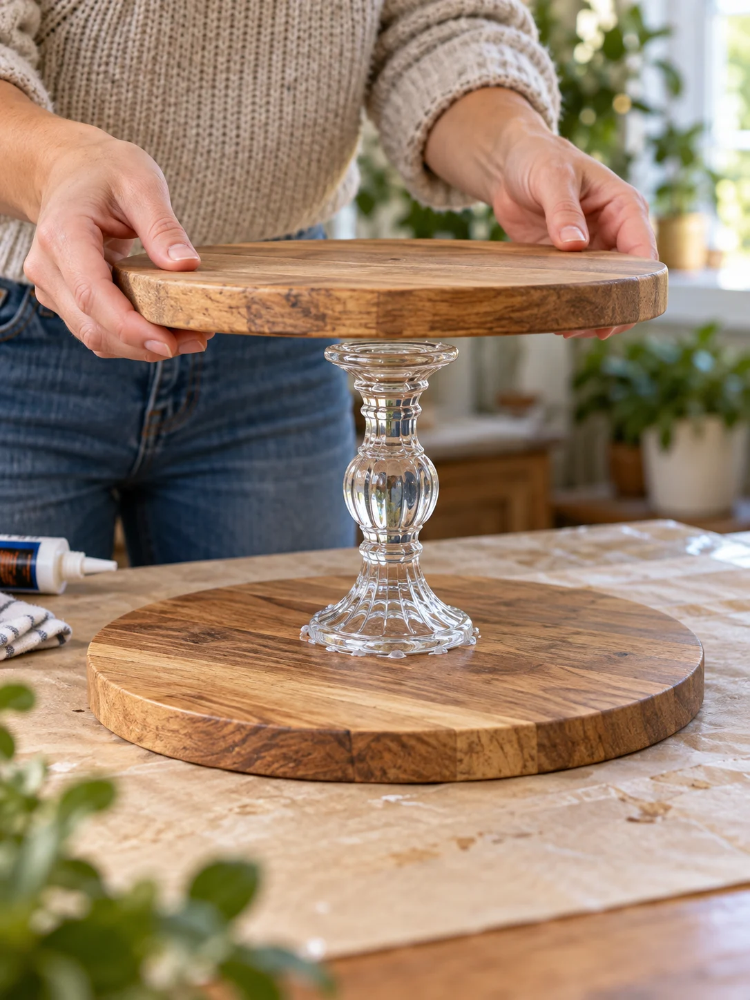 Centering a round wooden board on a glass candlestick holder during assembly