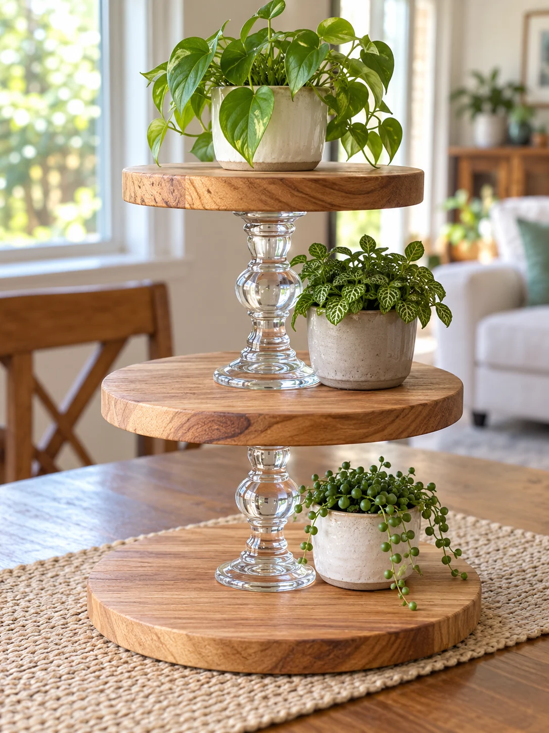 Finished three-tier wooden and glass plant stand holding lightweight plants
