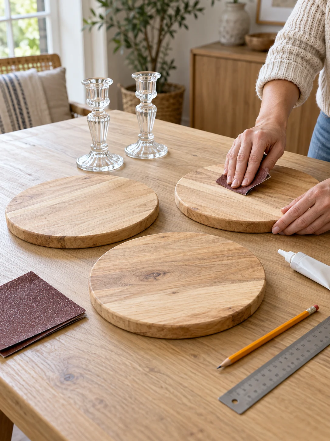 Preparing three wooden boards and two glass candlestick holders for a tiered plant stand