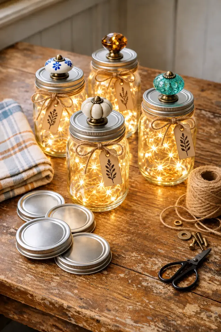 Set of four DIY vintage apothecary jars made from recycled glass mayo jars with decorative painted lids