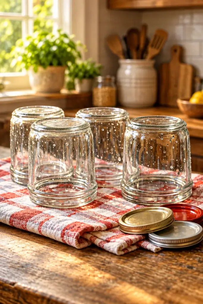 Set of four DIY vintage apothecary jars made from recycled glass mayo jars with decorative painted lids
