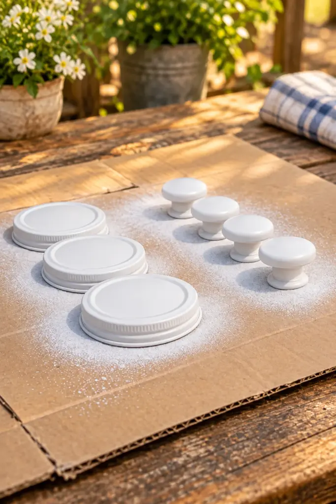 Set of four DIY vintage apothecary jars made from recycled glass mayo jars with decorative painted lids