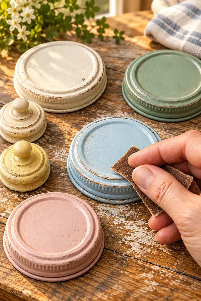 Set of four DIY vintage apothecary jars made from recycled glass mayo jars with decorative painted lids