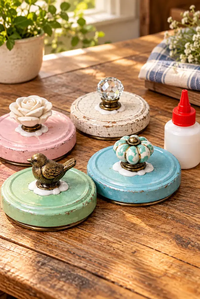 Set of four DIY vintage apothecary jars made from recycled glass mayo jars with decorative painted lids