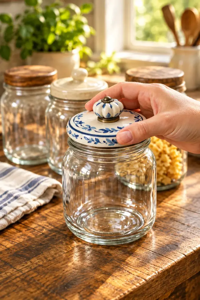 Set of four DIY vintage apothecary jars made from recycled glass mayo jars with decorative painted lids