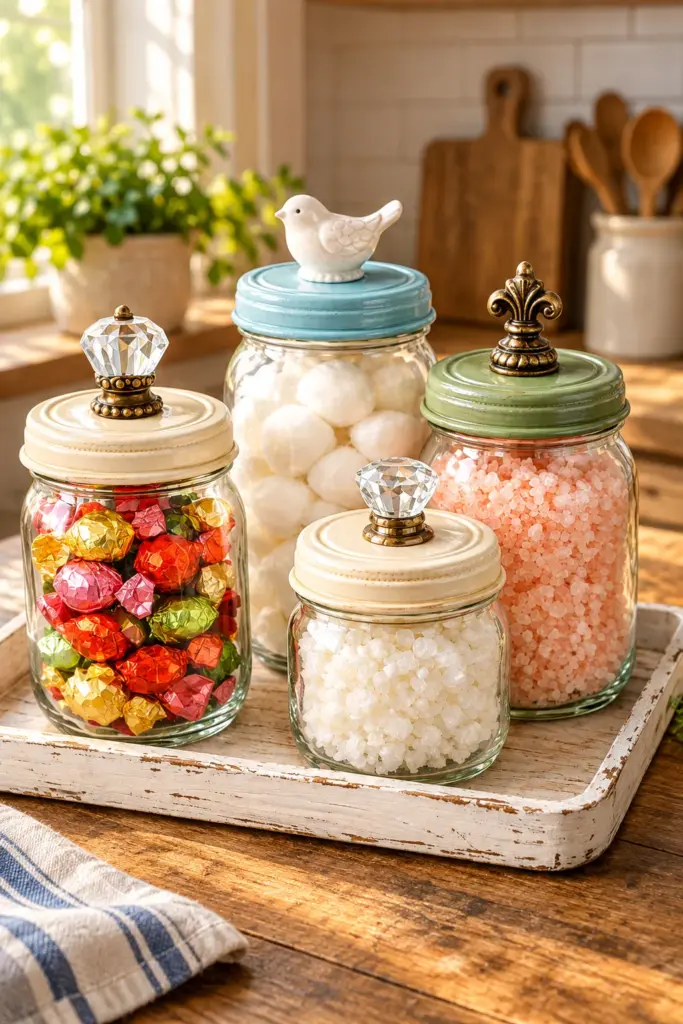 Set of four DIY vintage apothecary jars made from recycled glass mayo jars with decorative painted lids
