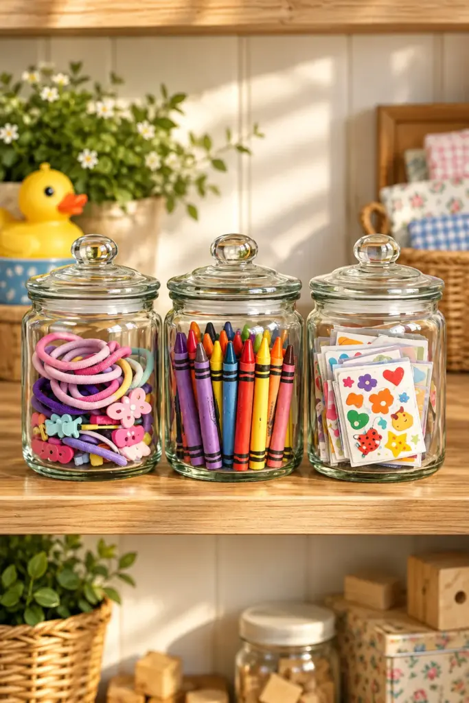 Set of four DIY vintage apothecary jars made from recycled glass mayo jars with decorative painted lids
