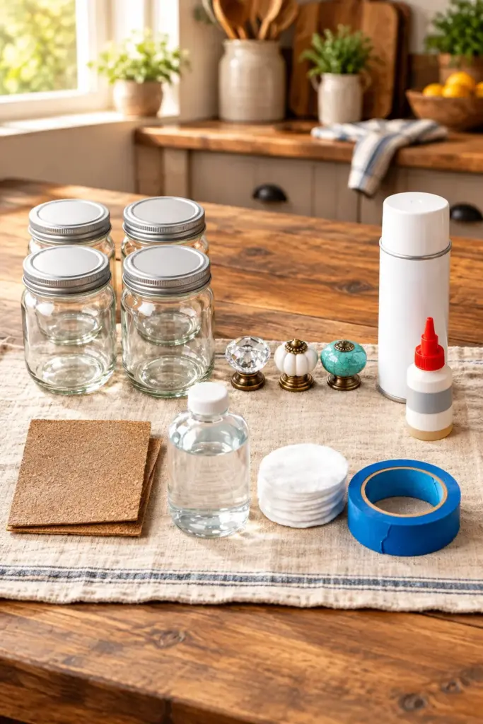Set of four DIY vintage apothecary jars made from recycled glass mayo jars with decorative painted lids