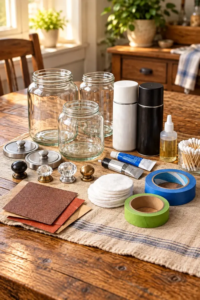 Set of four DIY vintage apothecary jars made from recycled glass mayo jars with decorative painted lids