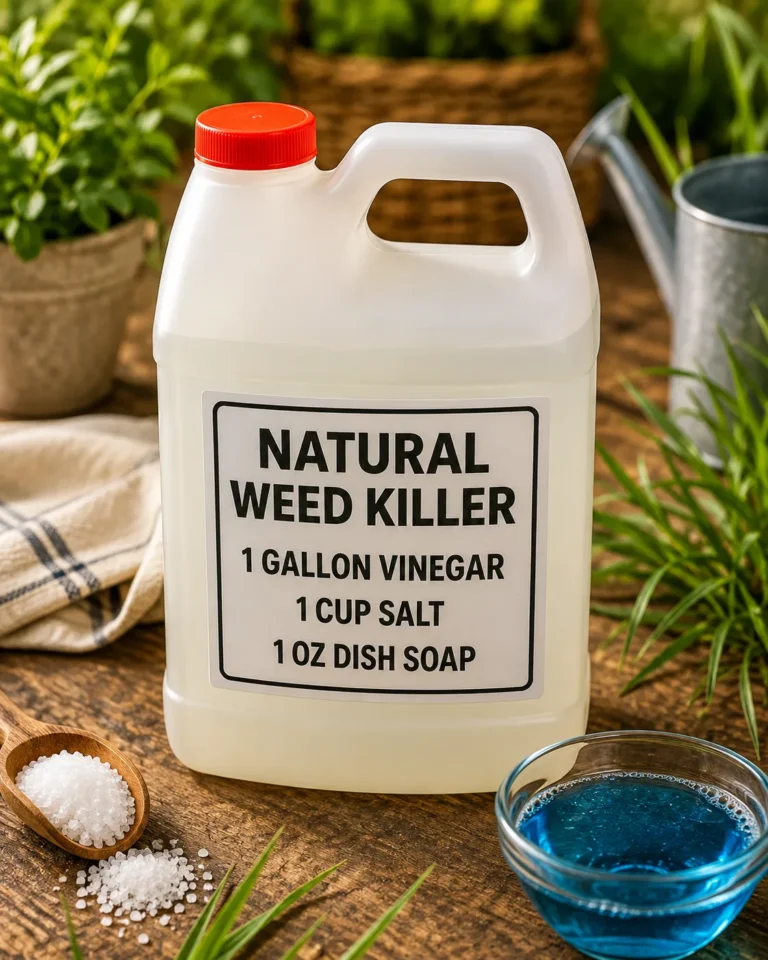 DIY weed killer with white vinegar and spray bottle beside weeds growing through driveway cracks