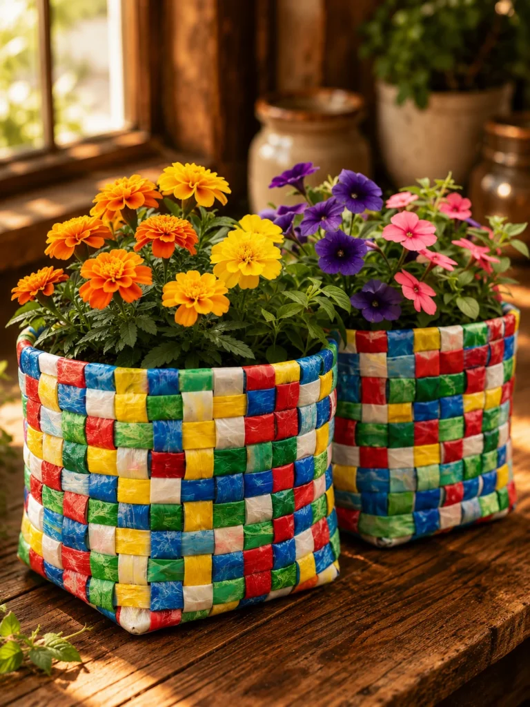 DIY woven plastic bag basket made from recycled grocery bag strips for backyard storage