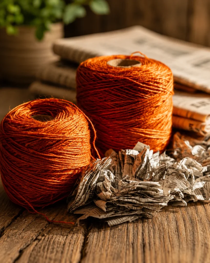 DIY yarn pumpkin made with orange yarn wrapped around crumpled newspaper with a rustic twig stem