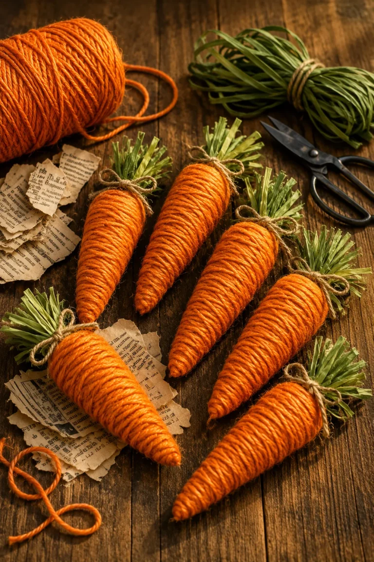 DIY yarn pumpkin made with orange yarn wrapped around crumpled newspaper with a rustic twig stem