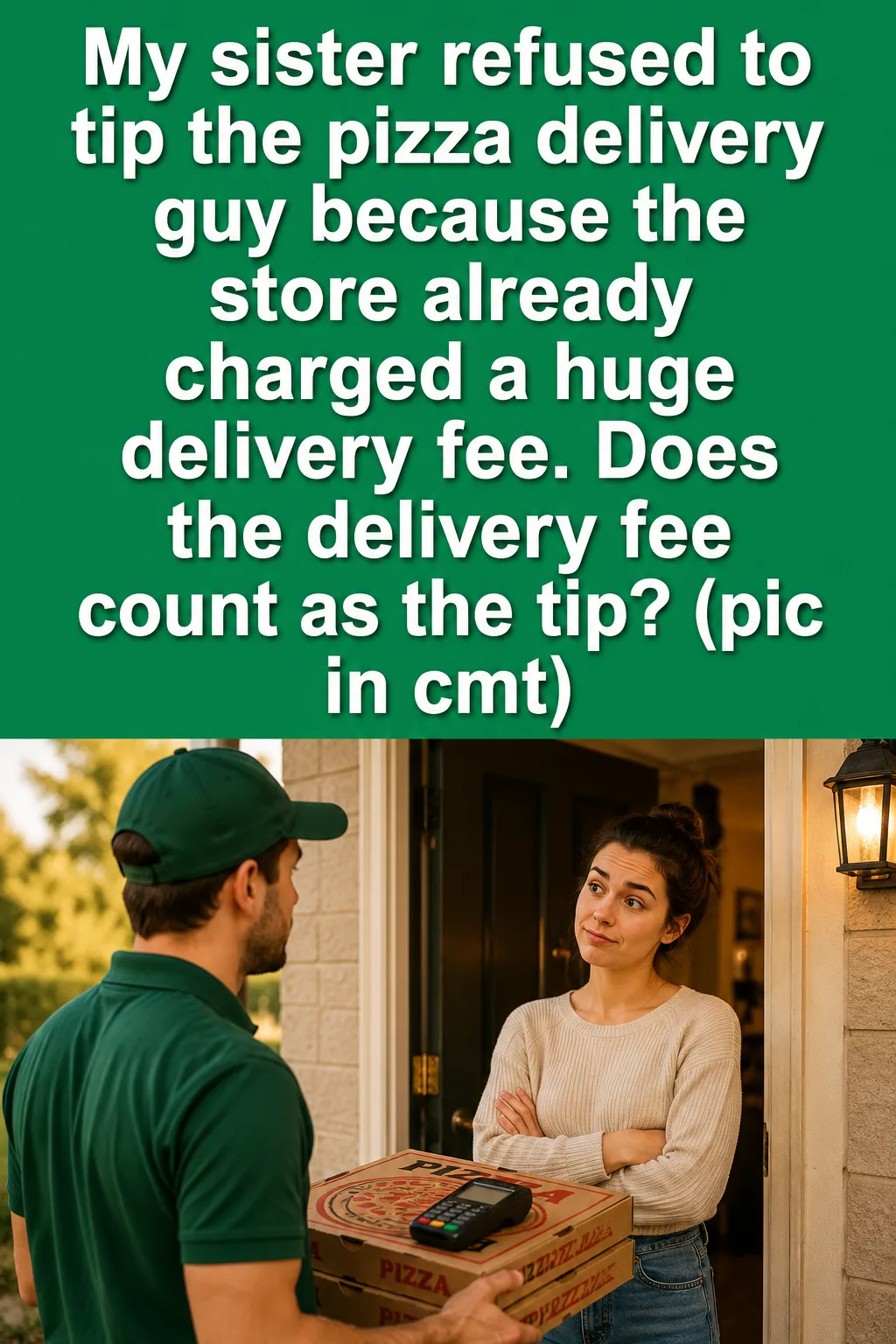 Pizza delivery driver handing a fresh pizza to a customer at the front door, highlighting the difference between delivery fees and driver tips.