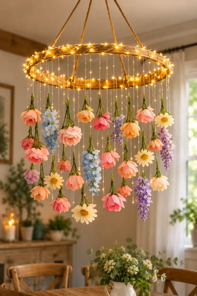 Finished Dollar Store flower chandelier with pastel flowers and fairy lights