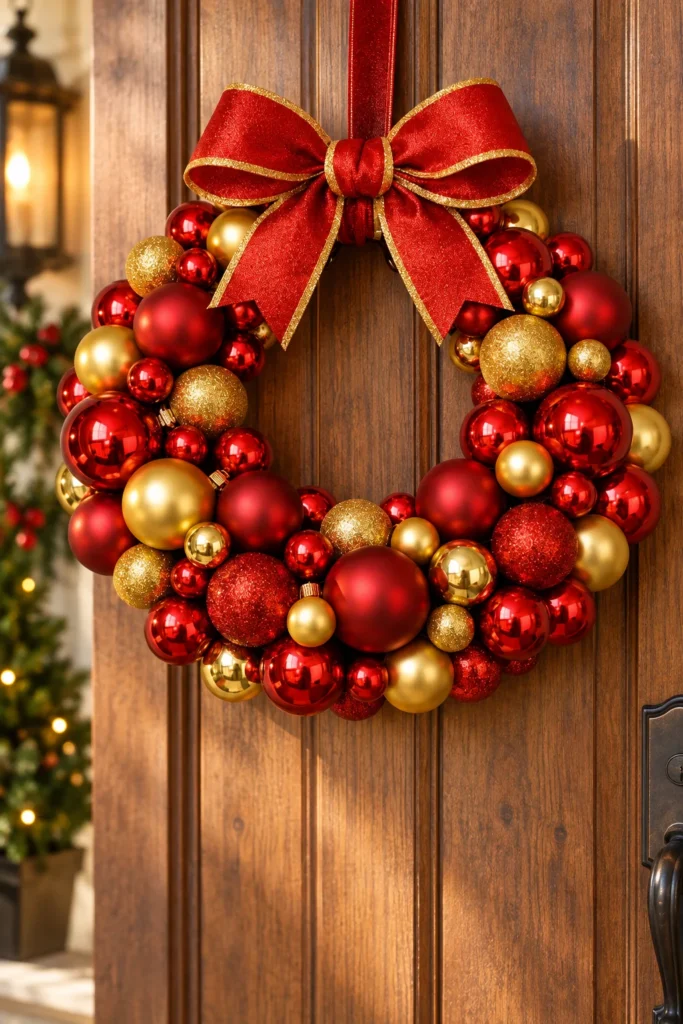 Finished red and gold Christmas ornament wreath with a decorative ribbon bow.