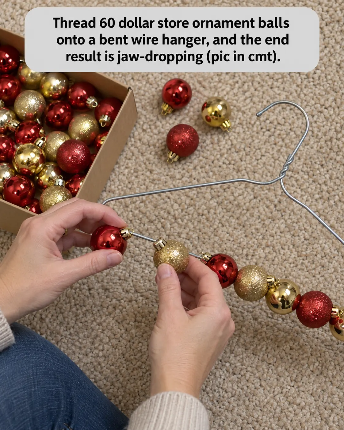 Finished red and gold Christmas ornament wreath with a decorative ribbon bow.